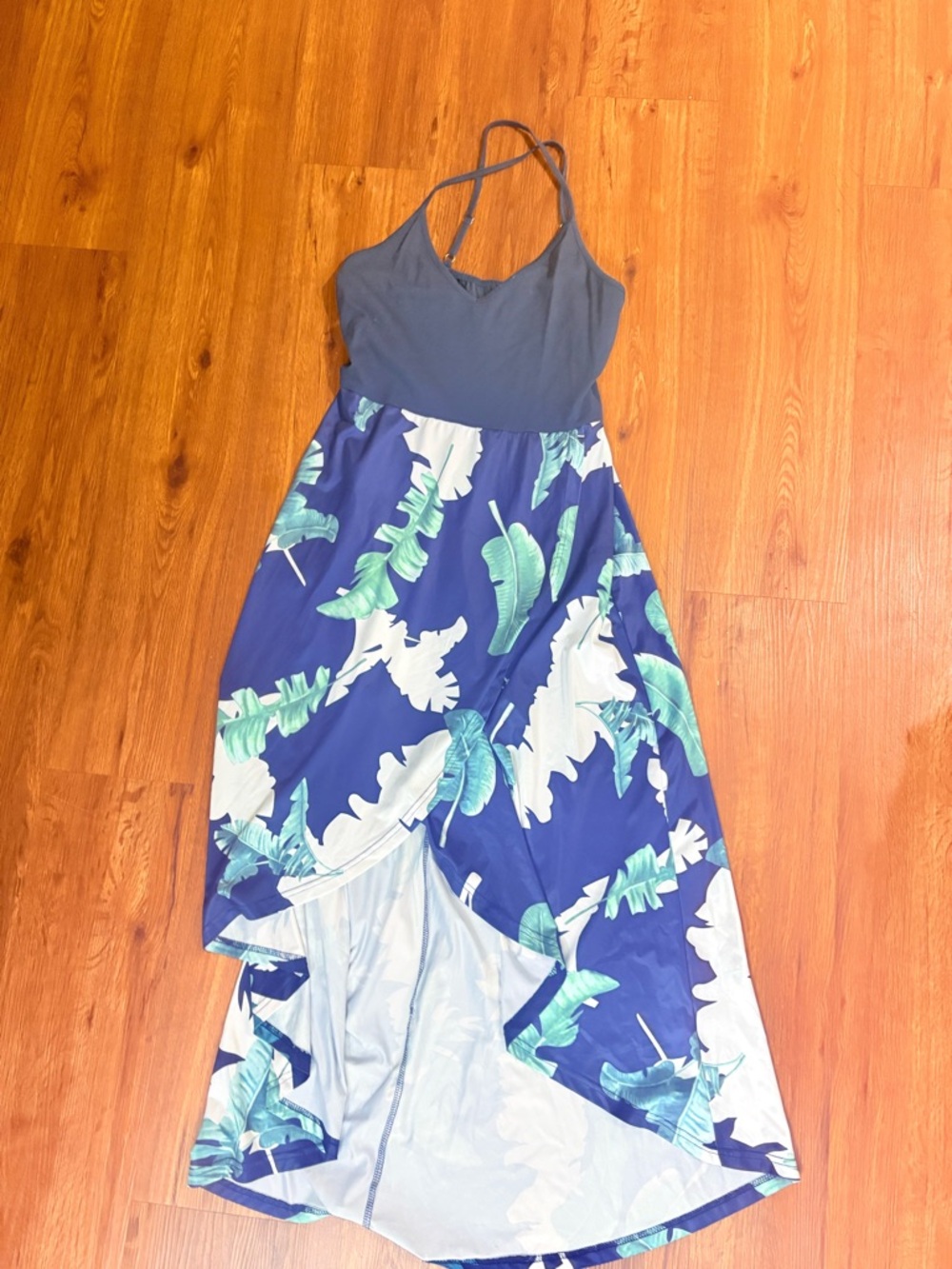 Blue Tropical-Print Midi Dress with Solid Navy Top